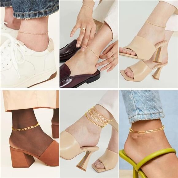 Gold Anklet Set for Women Layered Cuban Figaro Paperclip Waterproof Jewelry - Picture 6 of 7